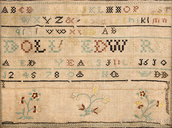 Antique Needlework Sampler by Dolly Edward, Aged 11 Years, New England, 1802, close up view